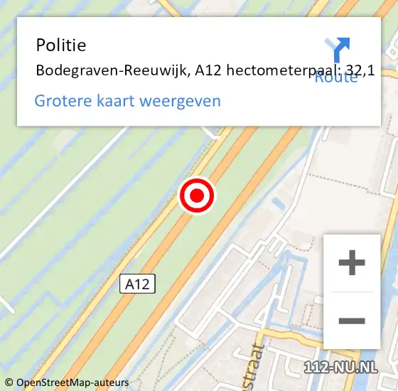 Locatie op kaart van de 112 melding: Politie Bodegraven-Reeuwijk, A12 hectometerpaal: 32,1 op 15 november 2022 08:26