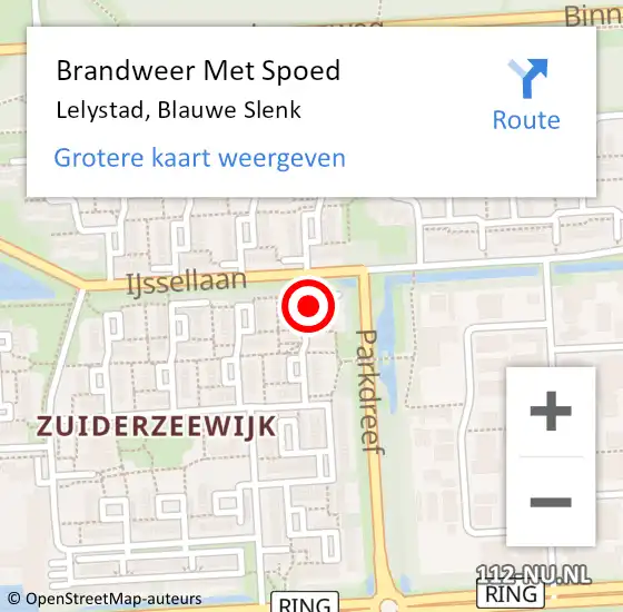 Locatie op kaart van de 112 melding: Brandweer Met Spoed Naar Lelystad, Blauwe Slenk op 15 november 2022 11:20