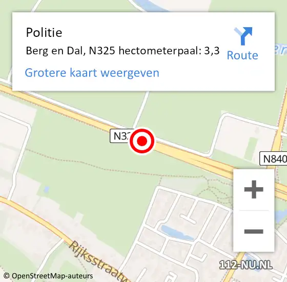 Locatie op kaart van de 112 melding: Politie Berg en Dal, N325 hectometerpaal: 3,3 op 15 november 2022 11:51