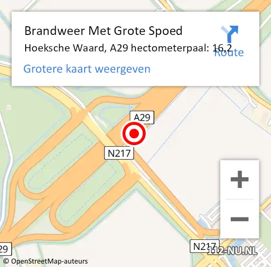 Locatie op kaart van de 112 melding: Brandweer Met Grote Spoed Naar Hoeksche Waard, A29 hectometerpaal: 16,2 op 15 november 2022 15:11