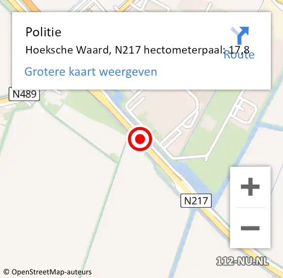 Locatie op kaart van de 112 melding: Politie Hoeksche Waard, N217 hectometerpaal: 17,8 op 15 november 2022 16:26