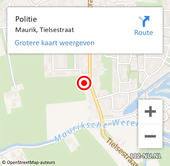 Locatie op kaart van de 112 melding: Politie Maurik, Tielsestraat op 15 november 2022 17:08
