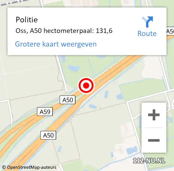 Locatie op kaart van de 112 melding: Politie Oss, A50 hectometerpaal: 131,6 op 15 november 2022 17:55