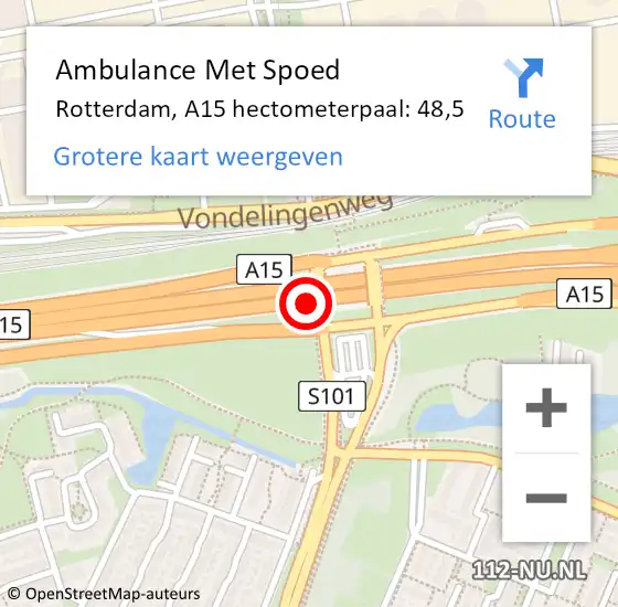 Locatie op kaart van de 112 melding: Ambulance Met Spoed Naar Rotterdam, A15 hectometerpaal: 48,5 op 15 november 2022 17:56