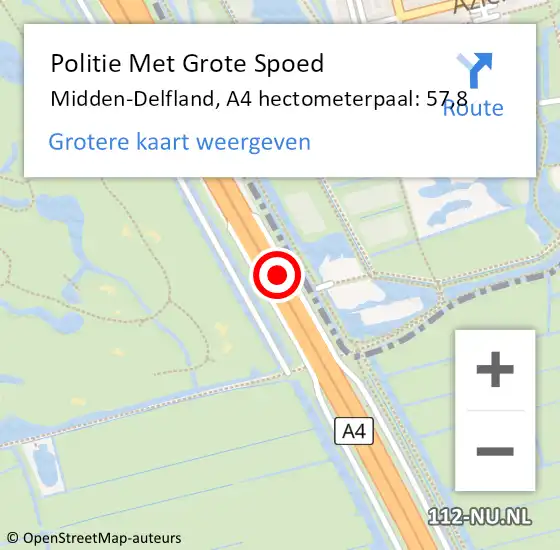 Locatie op kaart van de 112 melding: Politie Met Grote Spoed Naar Midden-Delfland, A4 hectometerpaal: 57,8 op 15 november 2022 18:20