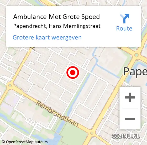 Locatie op kaart van de 112 melding: Ambulance Met Grote Spoed Naar Papendrecht, Hans Memlingstraat op 15 november 2022 20:15