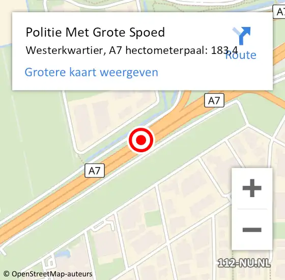 Locatie op kaart van de 112 melding: Politie Met Grote Spoed Naar Westerkwartier, A7 hectometerpaal: 183,4 op 15 november 2022 21:27