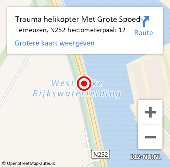 Locatie op kaart van de 112 melding: Trauma helikopter Met Grote Spoed Naar Terneuzen, N252 hectometerpaal: 12 op 16 november 2022 07:34