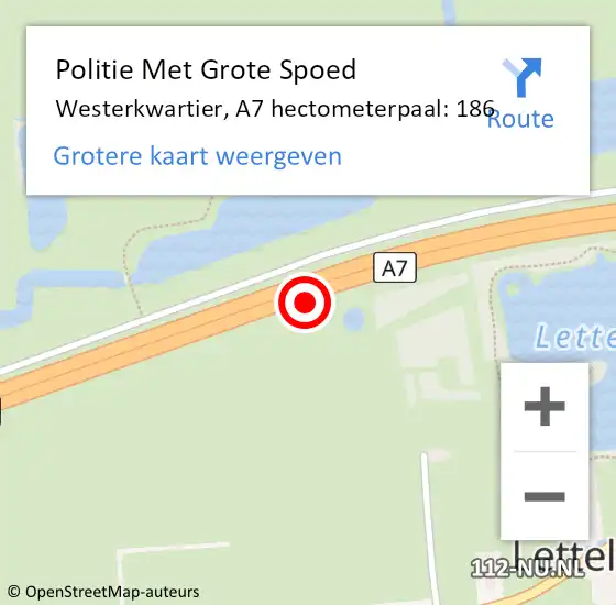 Locatie op kaart van de 112 melding: Politie Met Grote Spoed Naar Westerkwartier, A7 hectometerpaal: 186 op 16 november 2022 08:09