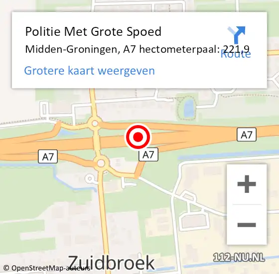 Locatie op kaart van de 112 melding: Politie Met Grote Spoed Naar Midden-Groningen, A7 hectometerpaal: 221,9 op 16 november 2022 08:55