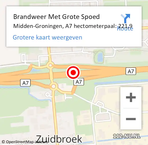 Locatie op kaart van de 112 melding: Brandweer Met Grote Spoed Naar Midden-Groningen, A7 hectometerpaal: 221,9 op 16 november 2022 08:55