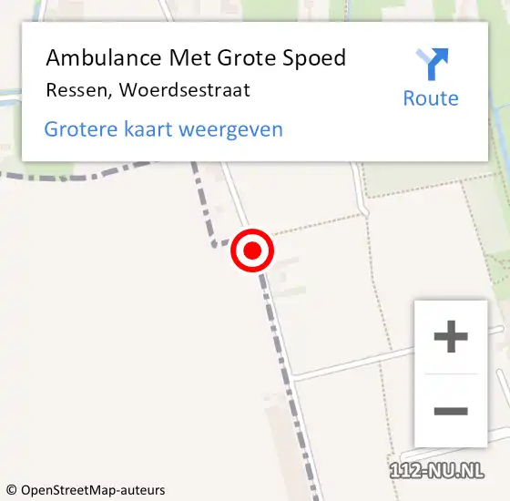 Locatie op kaart van de 112 melding: Ambulance Met Grote Spoed Naar Ressen, Woerdsestraat op 16 november 2022 08:58