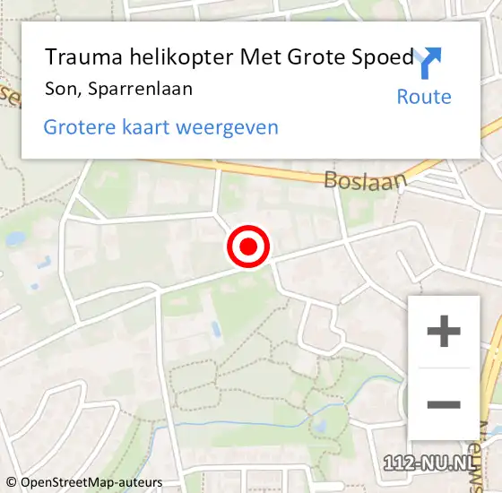 Locatie op kaart van de 112 melding: Trauma helikopter Met Grote Spoed Naar Son, Sparrenlaan op 16 november 2022 09:09