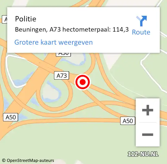 Locatie op kaart van de 112 melding: Politie Beuningen, A73 hectometerpaal: 114,3 op 16 november 2022 10:45