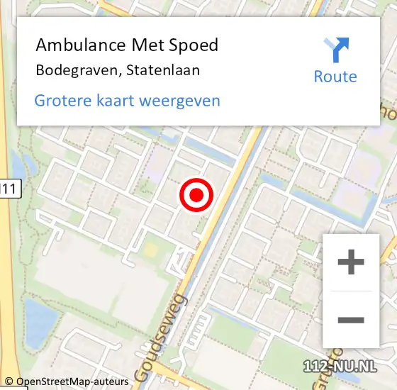 Locatie op kaart van de 112 melding: Ambulance Met Spoed Naar Bodegraven, Statenlaan op 16 november 2022 12:41