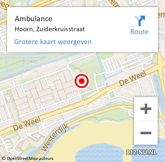 Locatie op kaart van de 112 melding: Ambulance Hoorn, Zuiderkruisstraat op 16 november 2022 12:45