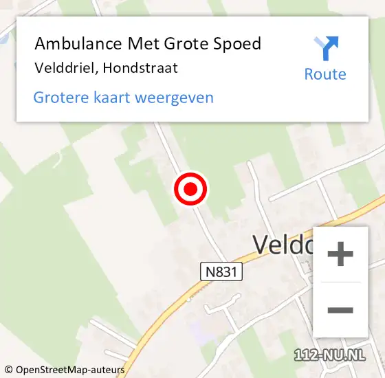 Locatie op kaart van de 112 melding: Ambulance Met Grote Spoed Naar Velddriel, Hondstraat op 16 november 2022 13:48