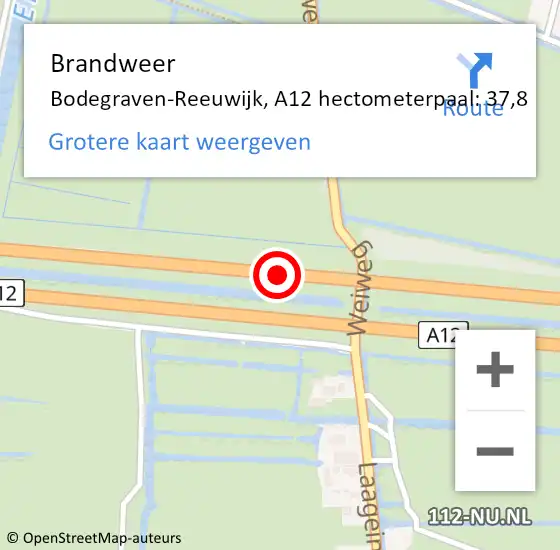 Locatie op kaart van de 112 melding: Brandweer Bodegraven-Reeuwijk, A12 hectometerpaal: 37,8 op 16 november 2022 15:26