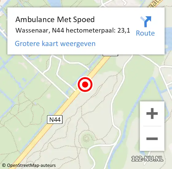 Locatie op kaart van de 112 melding: Ambulance Met Spoed Naar Wassenaar, N44 hectometerpaal: 23,1 op 16 november 2022 15:56