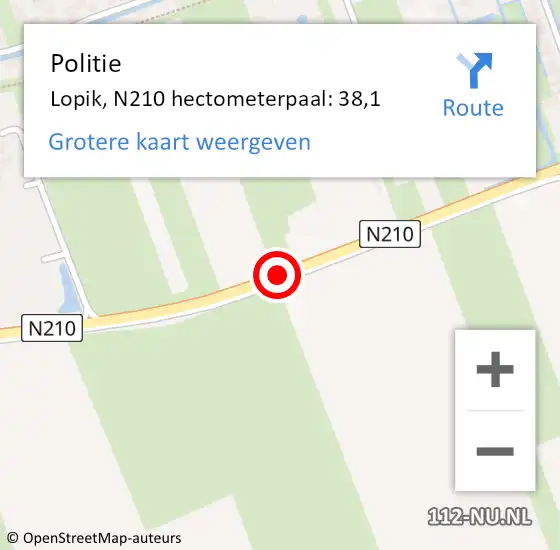 Locatie op kaart van de 112 melding: Politie Lopik, N210 hectometerpaal: 38,1 op 16 november 2022 16:20