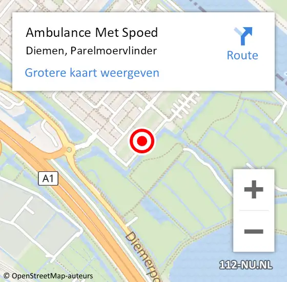 Locatie op kaart van de 112 melding: Ambulance Met Spoed Naar Diemen, Parelmoervlinder op 16 november 2022 17:25