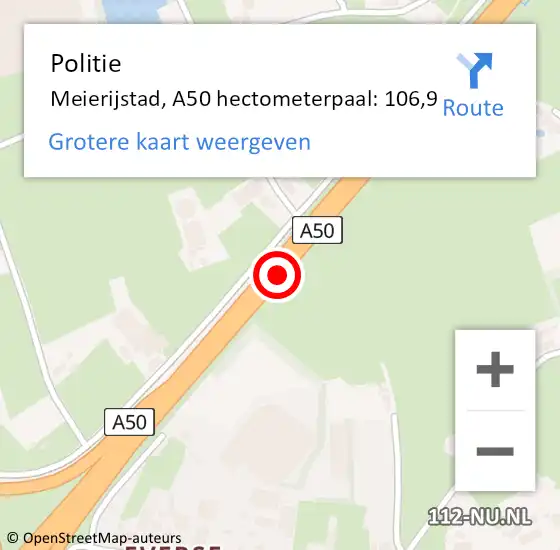 Locatie op kaart van de 112 melding: Politie Meierijstad, A50 hectometerpaal: 106,9 op 16 november 2022 18:03