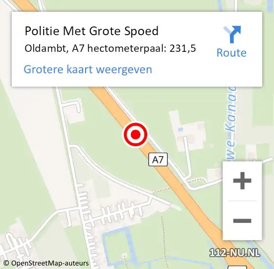 Locatie op kaart van de 112 melding: Politie Met Grote Spoed Naar Oldambt, A7 hectometerpaal: 231,5 op 16 november 2022 19:49