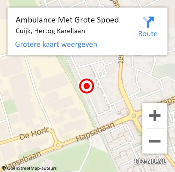 Locatie op kaart van de 112 melding: Ambulance Met Grote Spoed Naar Cuijk, Hertog Karellaan op 16 november 2022 19:59