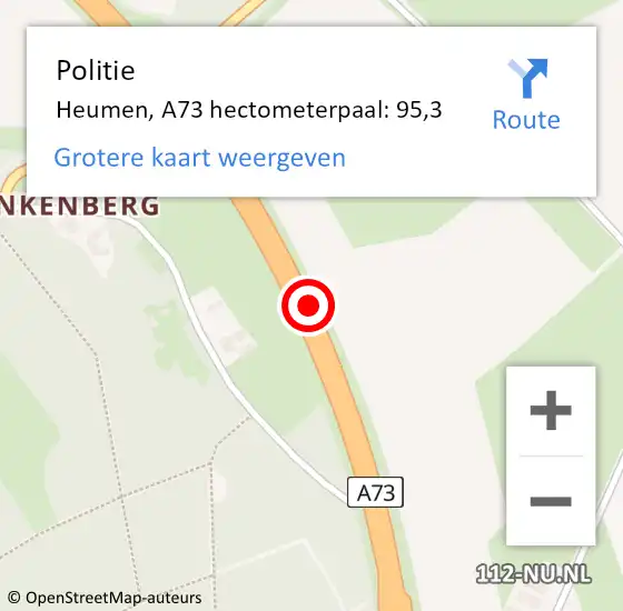 Locatie op kaart van de 112 melding: Politie Heumen, A73 hectometerpaal: 95,3 op 16 november 2022 21:11