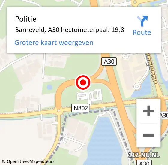 Locatie op kaart van de 112 melding: Politie Barneveld, A30 hectometerpaal: 19,8 op 16 november 2022 21:50