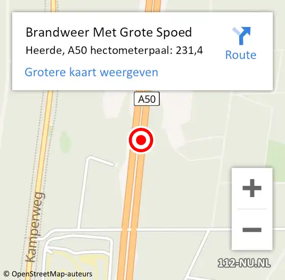 Locatie op kaart van de 112 melding: Brandweer Met Grote Spoed Naar Heerde, A50 hectometerpaal: 231,4 op 16 november 2022 22:30