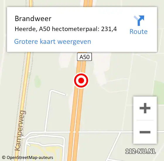 Locatie op kaart van de 112 melding: Brandweer Heerde, A50 hectometerpaal: 231,4 op 16 november 2022 22:35