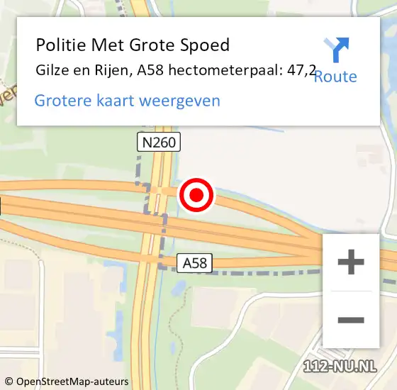 Locatie op kaart van de 112 melding: Politie Met Grote Spoed Naar Gilze en Rijen, A58 hectometerpaal: 47,2 op 17 november 2022 01:11