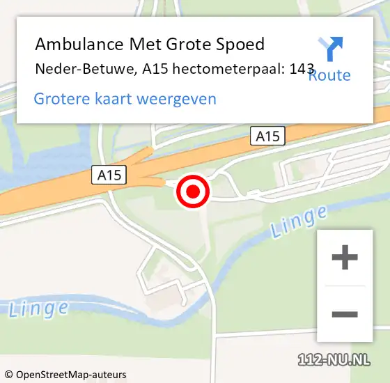 Locatie op kaart van de 112 melding: Ambulance Met Grote Spoed Naar Neder-Betuwe, A15 hectometerpaal: 143 op 17 november 2022 03:30