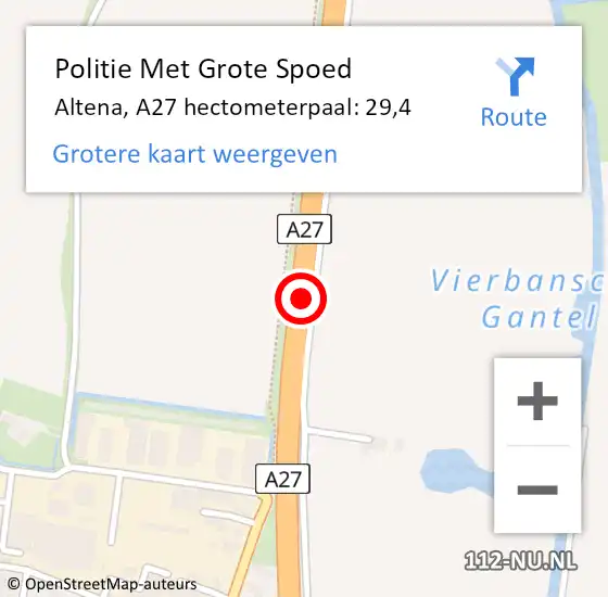 Locatie op kaart van de 112 melding: Politie Met Grote Spoed Naar Altena, A27 hectometerpaal: 29,4 op 17 november 2022 06:20