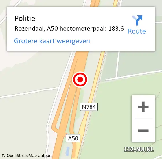 Locatie op kaart van de 112 melding: Politie Rozendaal, A50 hectometerpaal: 183,6 op 17 november 2022 06:54