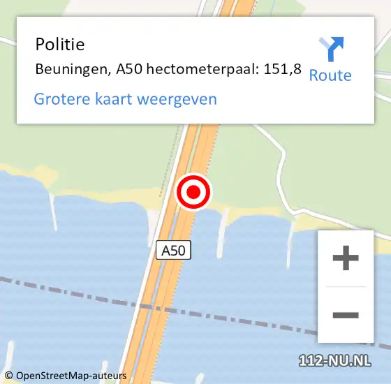 Locatie op kaart van de 112 melding: Politie Beuningen, A50 hectometerpaal: 151,8 op 17 november 2022 07:40