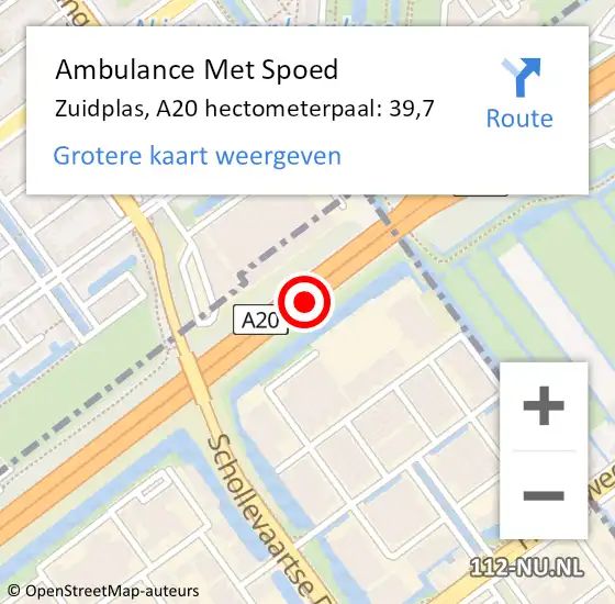 Locatie op kaart van de 112 melding: Ambulance Met Spoed Naar Zuidplas, A20 hectometerpaal: 39,7 op 17 november 2022 07:48