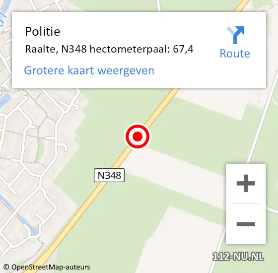 Locatie op kaart van de 112 melding: Politie Raalte, N348 hectometerpaal: 67,4 op 17 november 2022 07:55