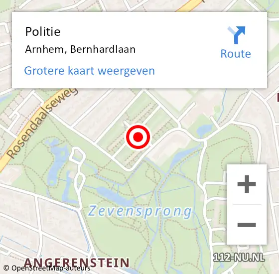 Locatie op kaart van de 112 melding: Politie Arnhem, Bernhardlaan op 17 november 2022 07:56