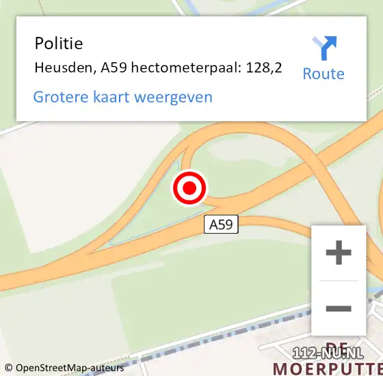 Locatie op kaart van de 112 melding: Politie Heusden, A59 hectometerpaal: 128,2 op 17 november 2022 08:00