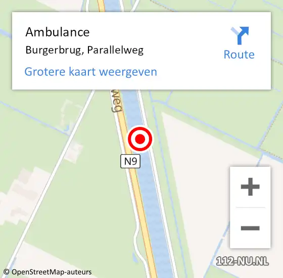 Locatie op kaart van de 112 melding: Ambulance Burgerbrug, Parallelweg op 17 november 2022 08:17