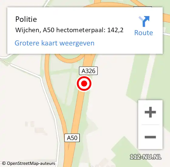 Locatie op kaart van de 112 melding: Politie Wijchen, A50 hectometerpaal: 142,2 op 17 november 2022 08:51