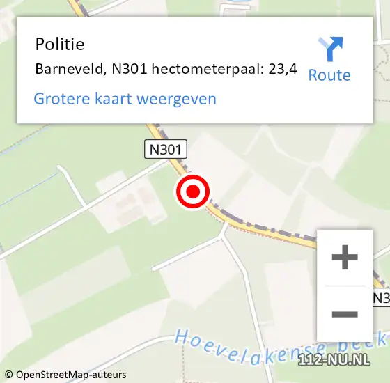 Locatie op kaart van de 112 melding: Politie Barneveld, N301 hectometerpaal: 23,4 op 17 november 2022 08:56