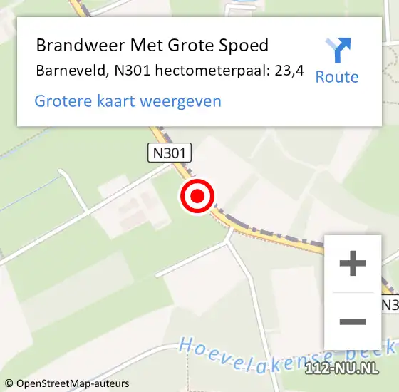 Locatie op kaart van de 112 melding: Brandweer Met Grote Spoed Naar Barneveld, N301 hectometerpaal: 23,4 op 17 november 2022 08:56