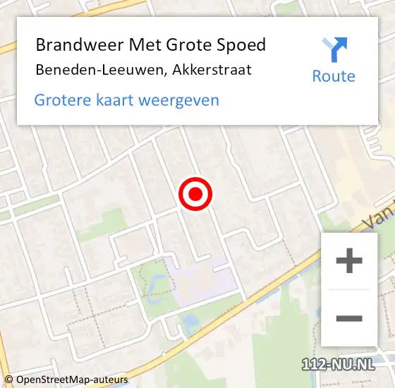 Locatie op kaart van de 112 melding: Brandweer Met Grote Spoed Naar Beneden-Leeuwen, Akkerstraat op 17 november 2022 09:23