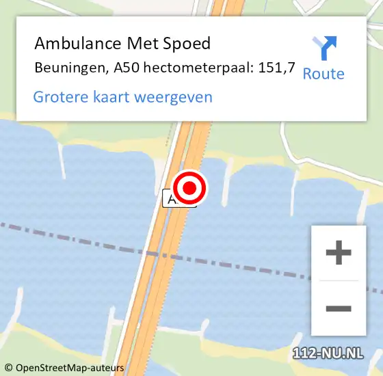 Locatie op kaart van de 112 melding: Ambulance Met Spoed Naar Beuningen, A50 hectometerpaal: 151,7 op 17 november 2022 09:27