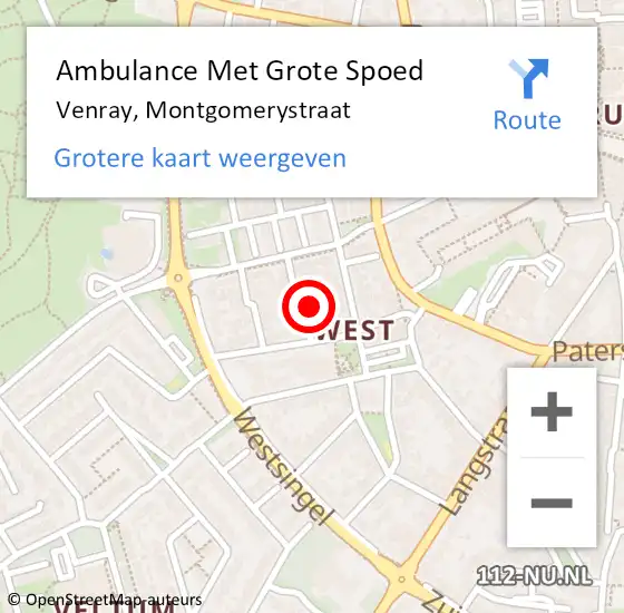 Locatie op kaart van de 112 melding: Ambulance Met Grote Spoed Naar Venray, Montgomerystraat op 17 november 2022 10:38