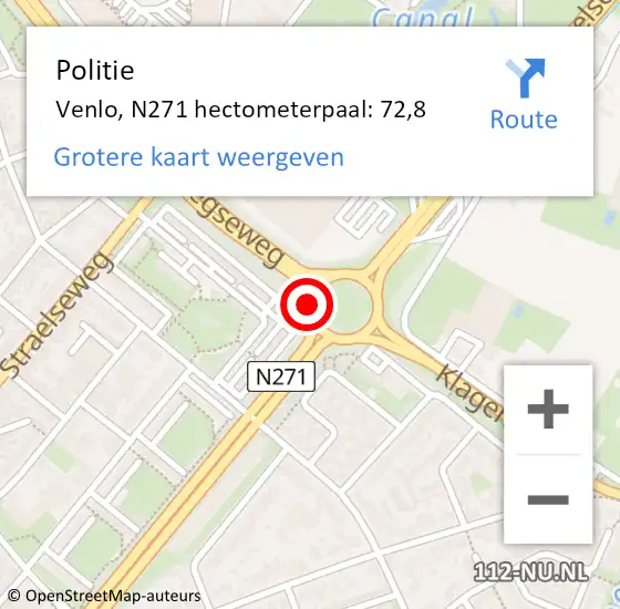 Locatie op kaart van de 112 melding: Politie Venlo, N271 hectometerpaal: 72,8 op 17 november 2022 10:55