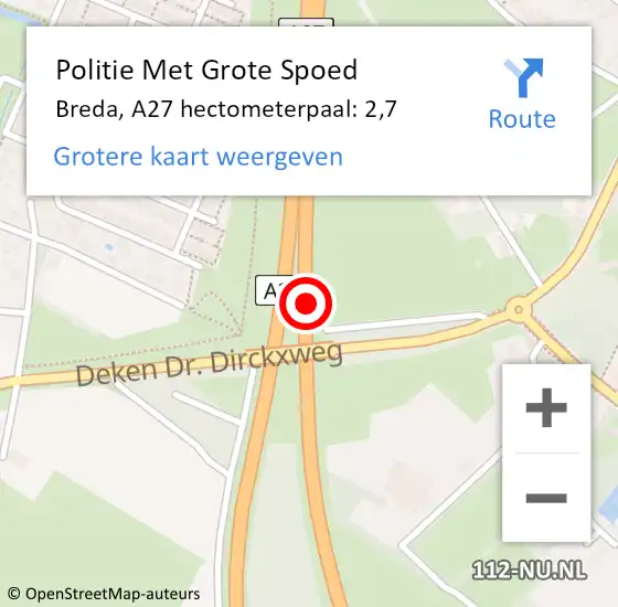 Locatie op kaart van de 112 melding: Politie Met Grote Spoed Naar Breda, A27 hectometerpaal: 2,7 op 17 november 2022 14:12